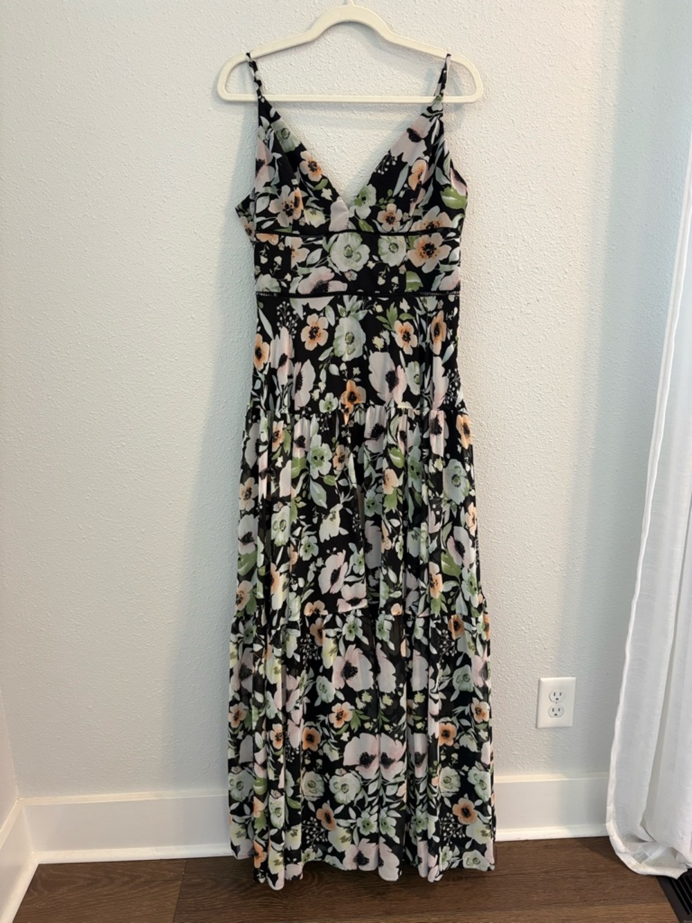 DB Studio Black Floral Maxi Dress with Green and Peach Blooms (size 14)